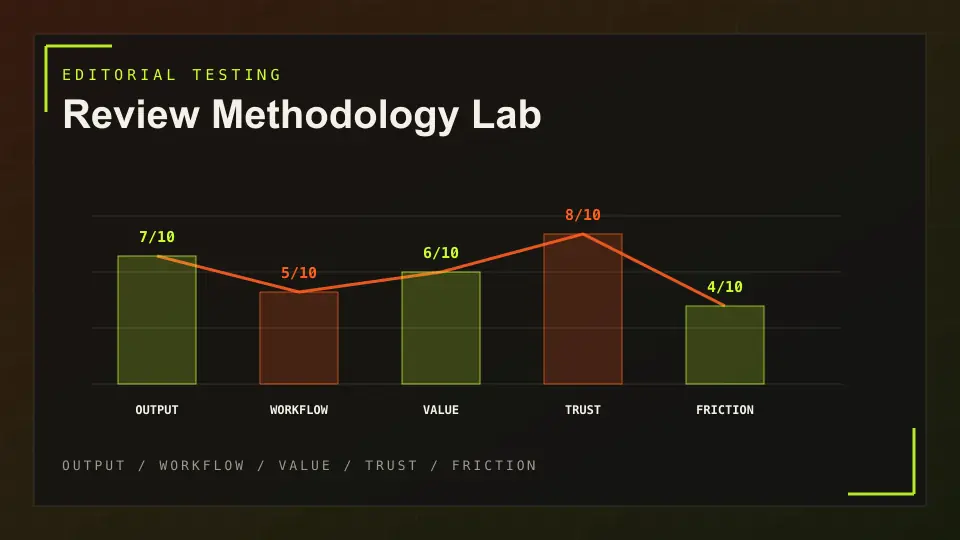 Review methodology lab showing repeatable tests, scoring criteria and evidence notes for AI software reviews.
